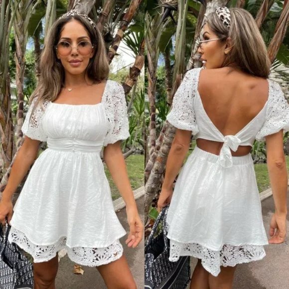 Dresses & Skirts - White Lace Trim Short Sleeve Square Neck Open Back Mini Dress